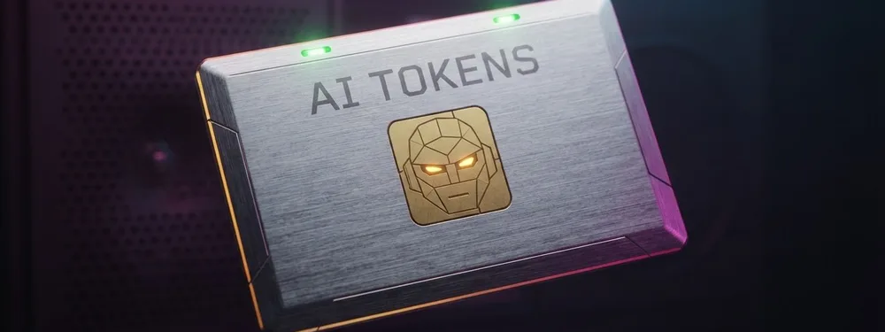 A brushed aluminium card reading AI TOKENS, with a robot-head chip and two green lights