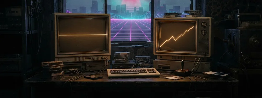 Two CRT monitors on a desk in a dim 1980s workspace, one showing a flat line and one a rising line, with a magenta and cyan neon grid through the window