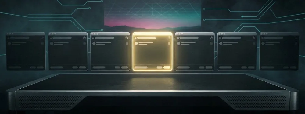 Seven app windows stand in one straight row on a dark metal desk, six dimmed and disabled-looking, with the centre window glowing gold, against a dark background of cyan circuit lines and a magenta-teal horizon