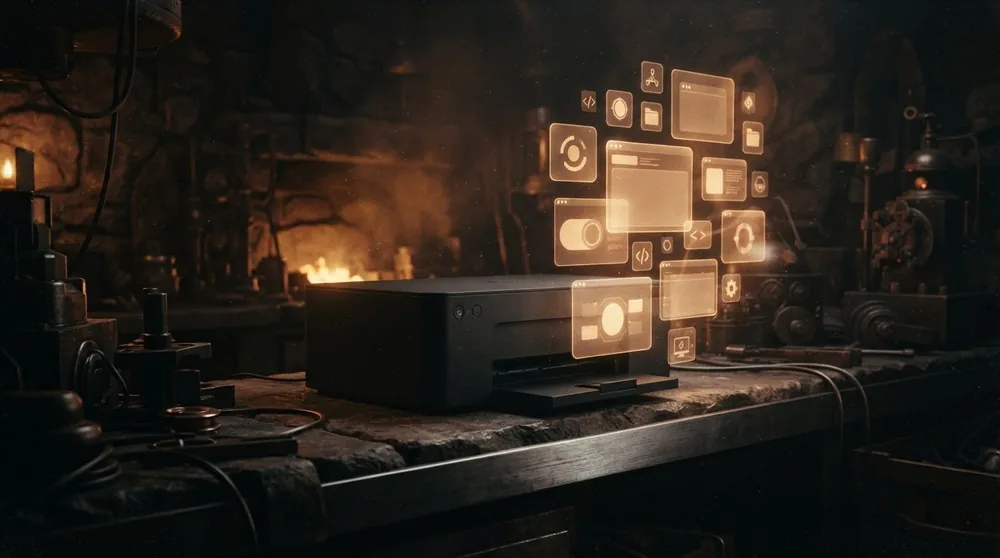 A sleek matte-black desktop printer in a dim workshop, with glowing software windows rising from its output tray instead of paper
