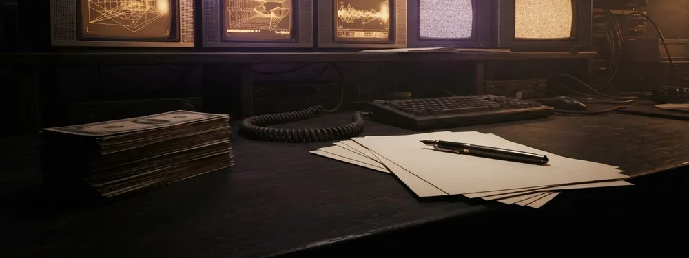 A stack of cash and a pen resting on blank pages on a dark desk, with monitors glowing behind them, some showing wireframes and some static