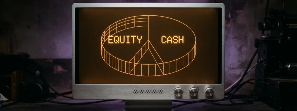 A flat slim monitor with an aluminium bezel shows an amber pie chart labelled EQUITY and CASH, against a dim room with a purple glow