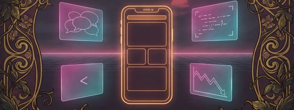 An app wireframe floats at the centre of an ornate poster, surrounded by floating panels for chat, code, an advert and a traffic graph sloping downward, with a neon grid horizon behind